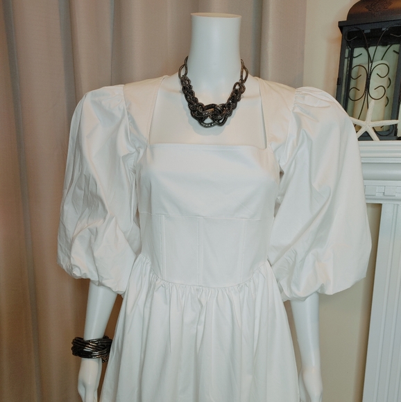DANIELLE BERNSTEIN POPLIN PUFF SLEEVE DRESS, WHITE 4 (RUNS SMALL) - Picture 6 of 13
